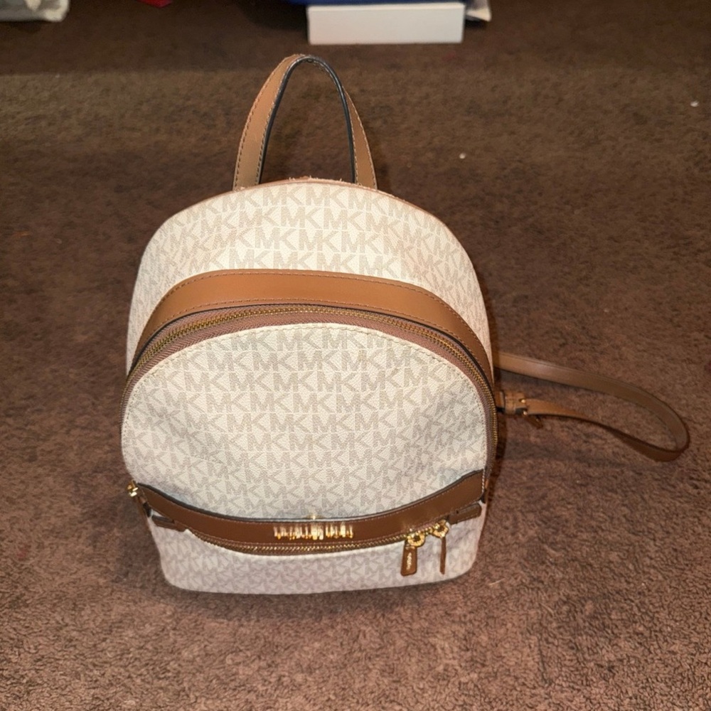 Michael Kors Cream and Tan MK Logo Mini Backpack